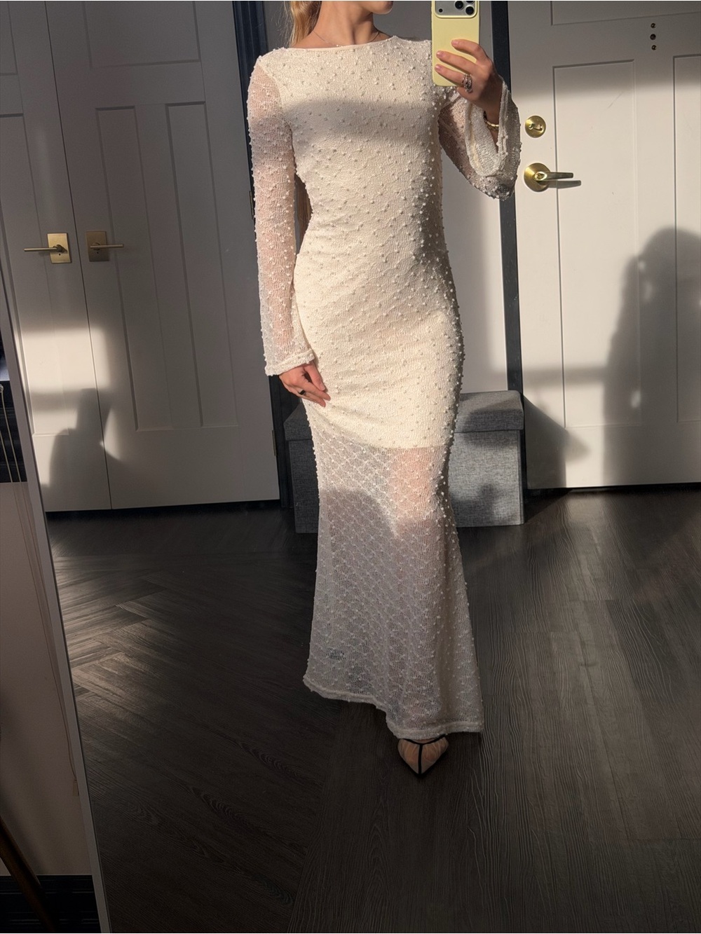 Elegant Ivory Beaded Long-Sleeve Maxi Dress